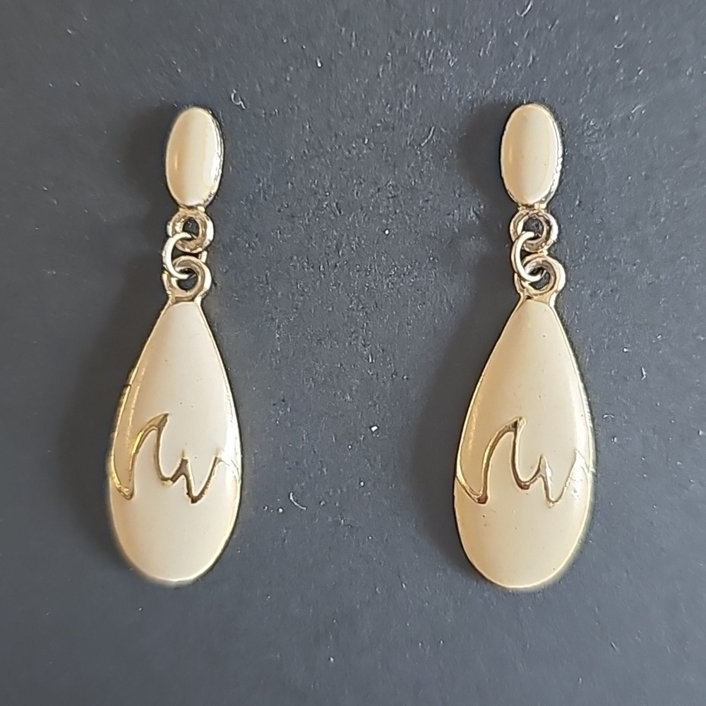 Vintage W&H cream enamel earrings pierced post dangle gold tone